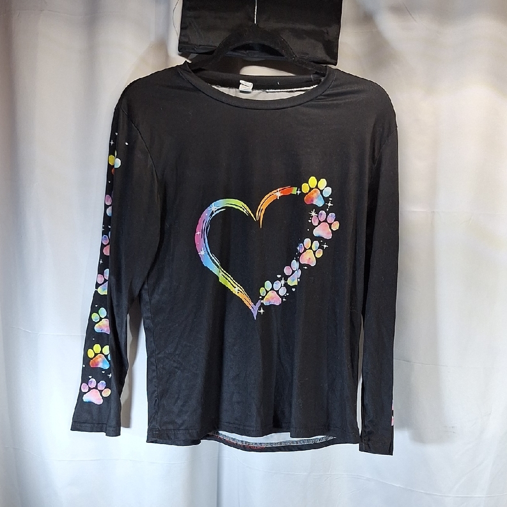 Black Long Sleeve Tee with Rainbow Heart and Paw Prints